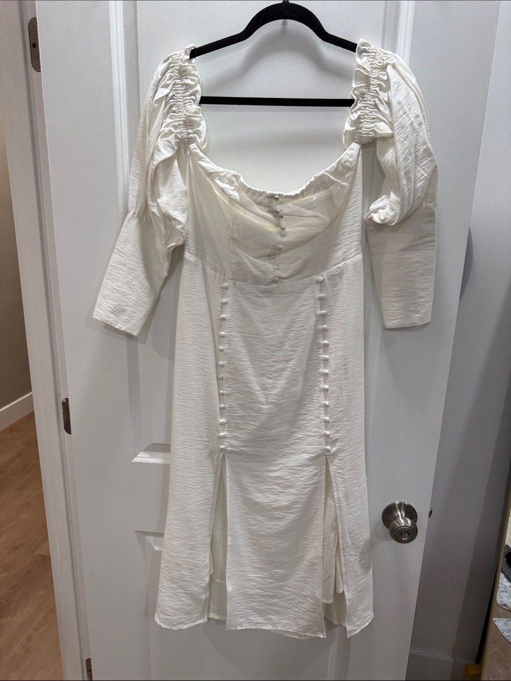 White Puff-Sleeve Midi Dress with Button-Front Detail